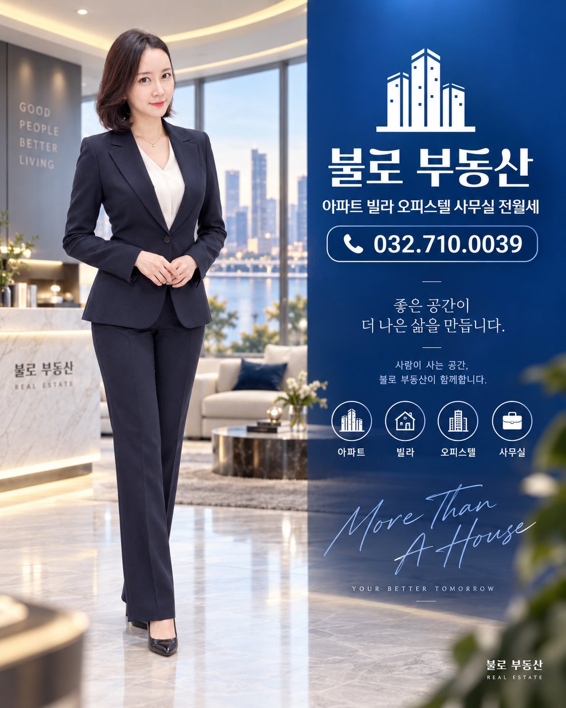 불로부동산 오수민 대표 안내 이미지 · 아파트 빌라 오피스텔 사무실 전월세 · 전화 032-710-0039